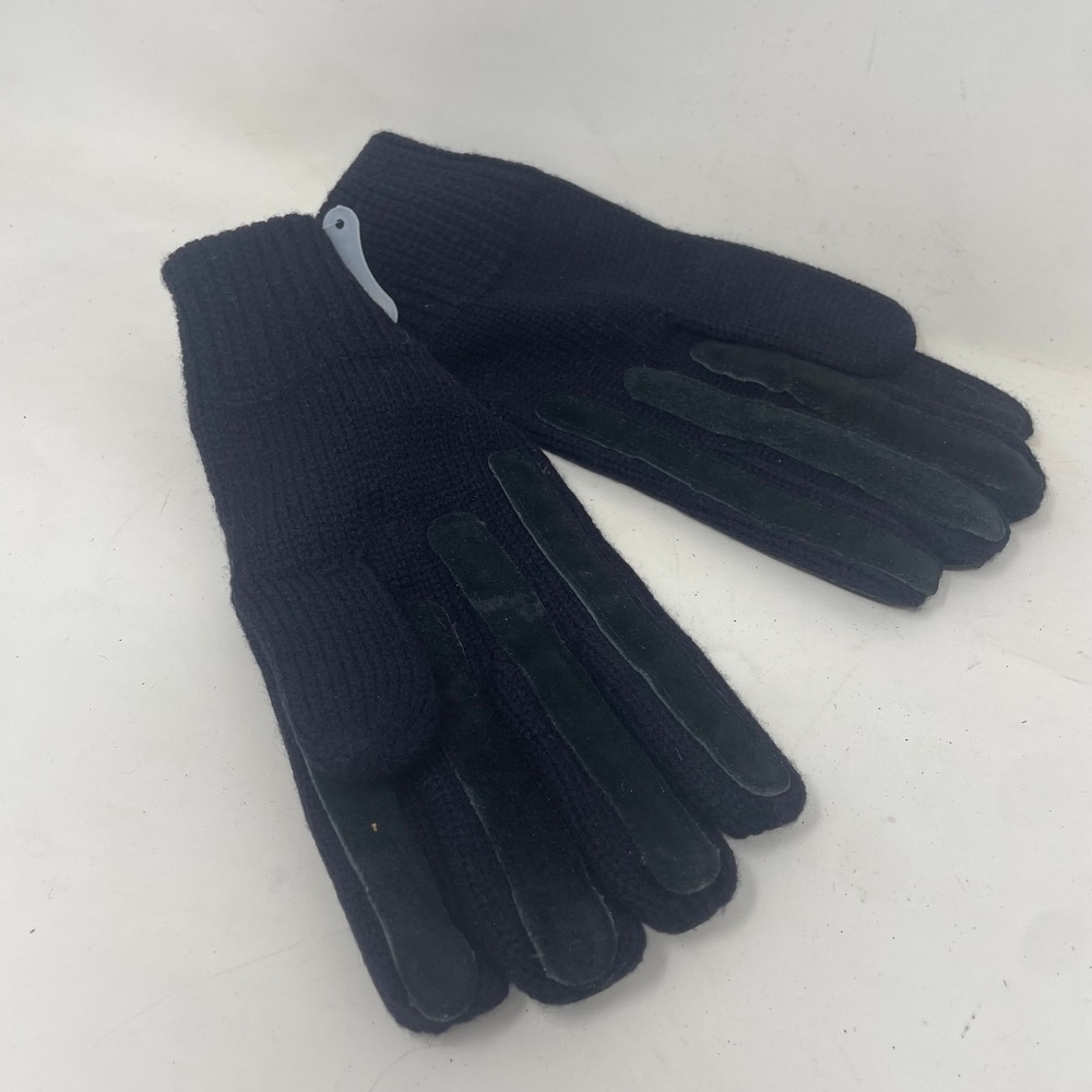 Mens Black Knit Gloves Leather Palm and Back One Size Fits All Vintage New - Picture 5 of 5